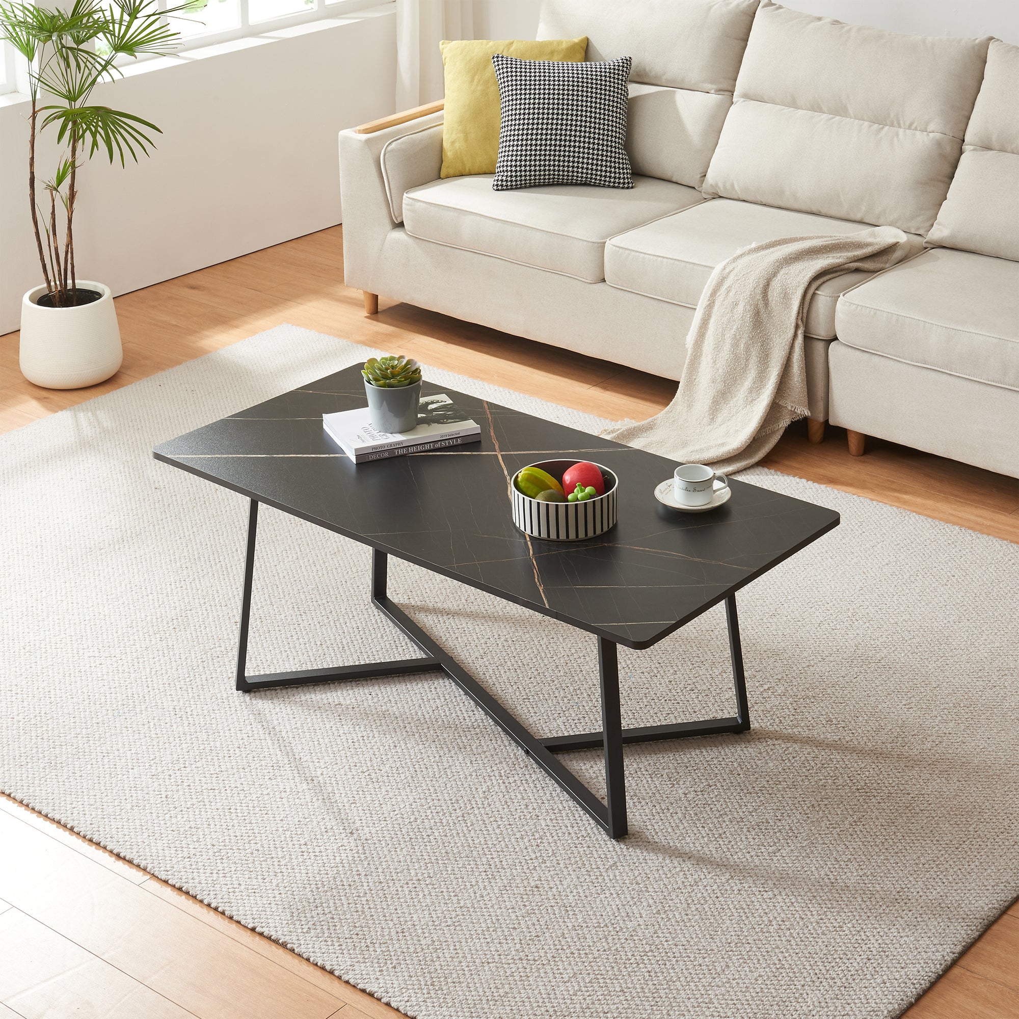 Tavolino Centrale da Salotto Riskiften 120 x 60 x 48 cm - Effetto Marmo / Nero [en.casa]