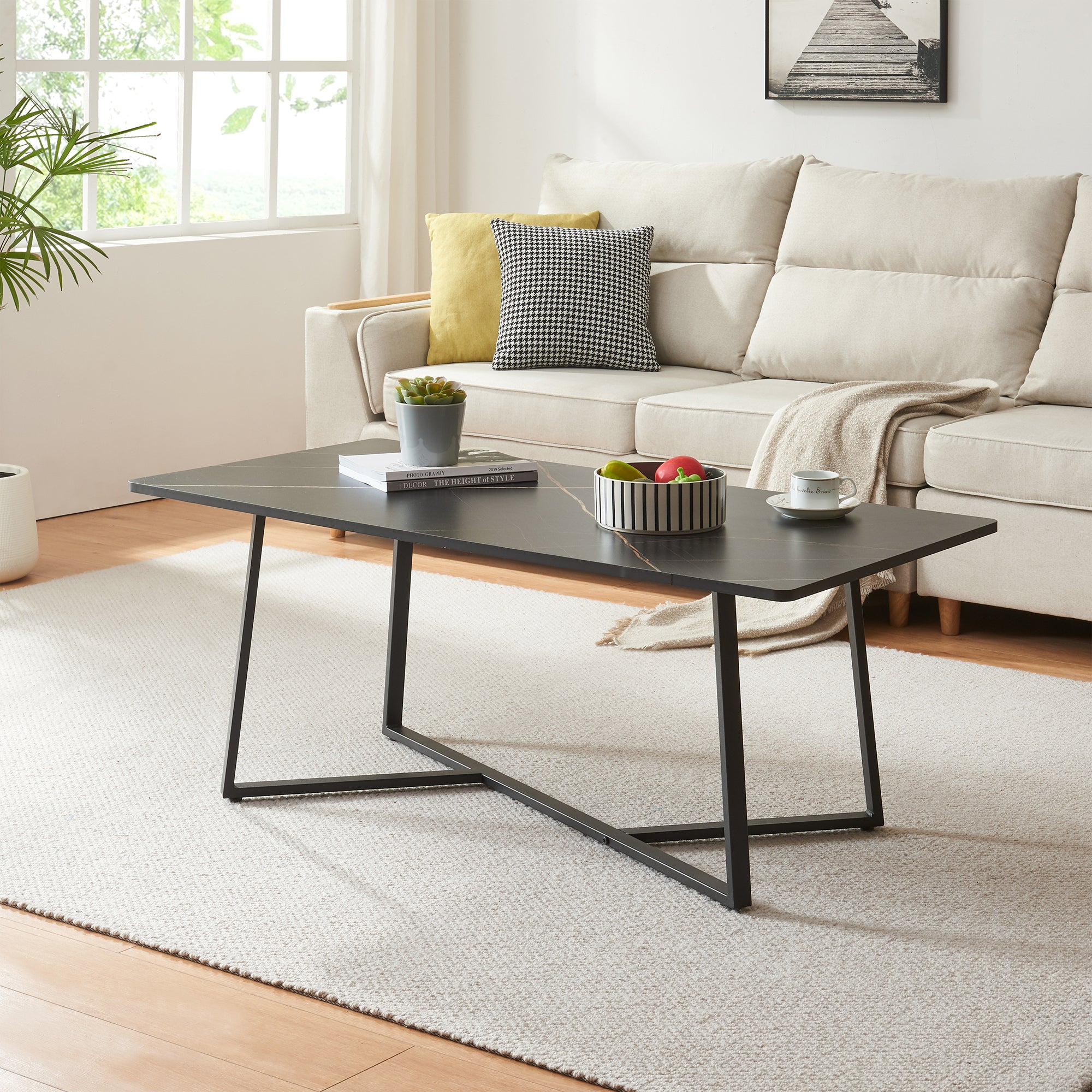 Tavolino Centrale da Salotto Riskiften 120 x 60 x 48 cm - Effetto Marmo / Nero [en.casa]