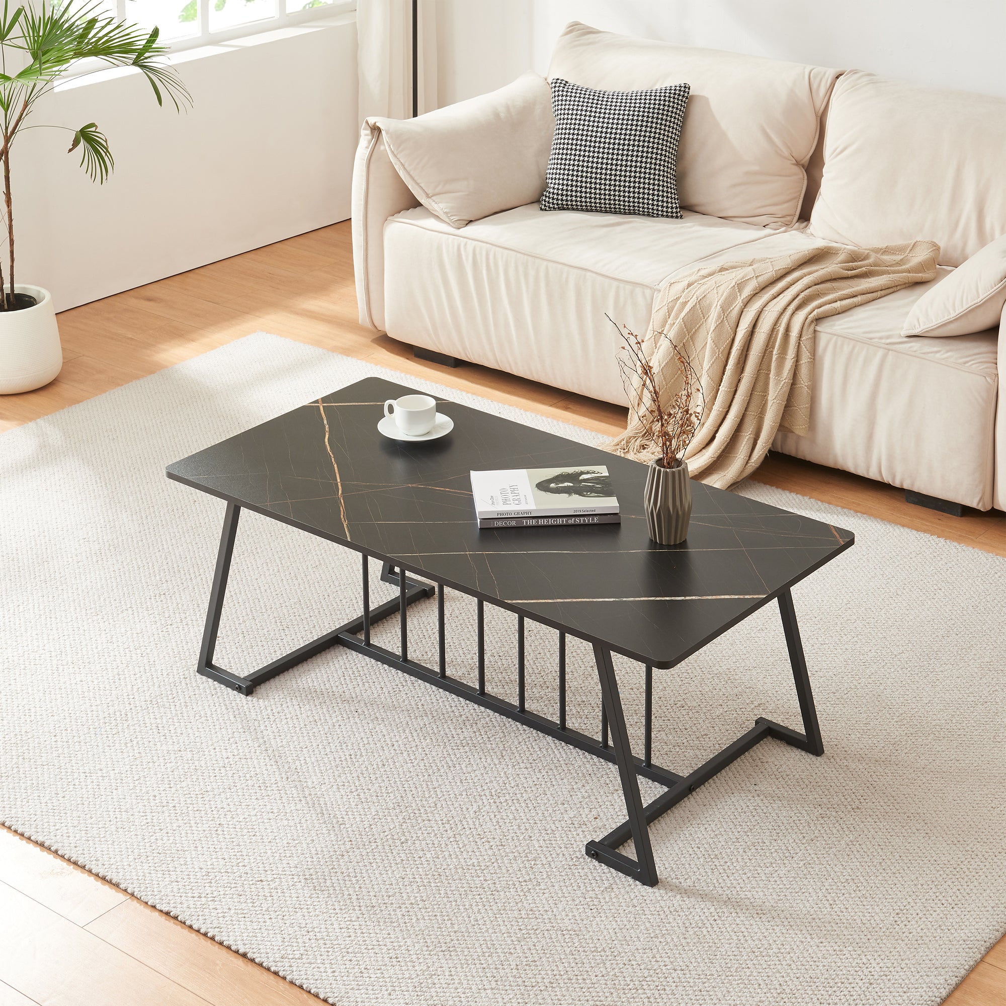 Tavolino Centrale da Salotto Nospoo 120x60x46 cm Effetto Marmo Nero [en.casa]