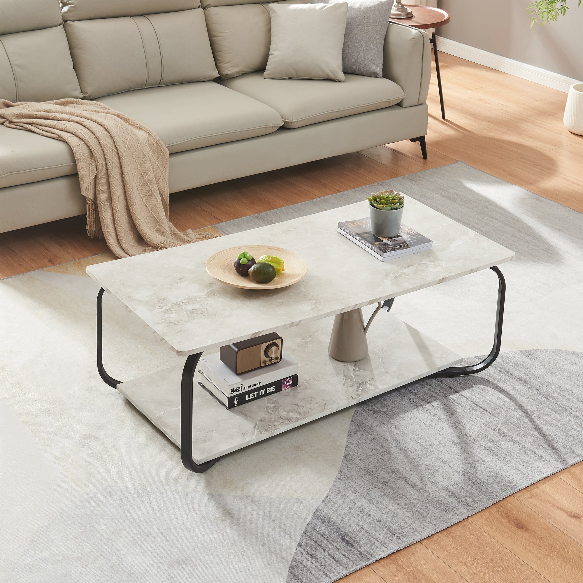 Tavolino Centrale da Salotto Kolta con Ripiano 120x60x43 cm - Effetto Marmo Bianco/Nero [en.casa]