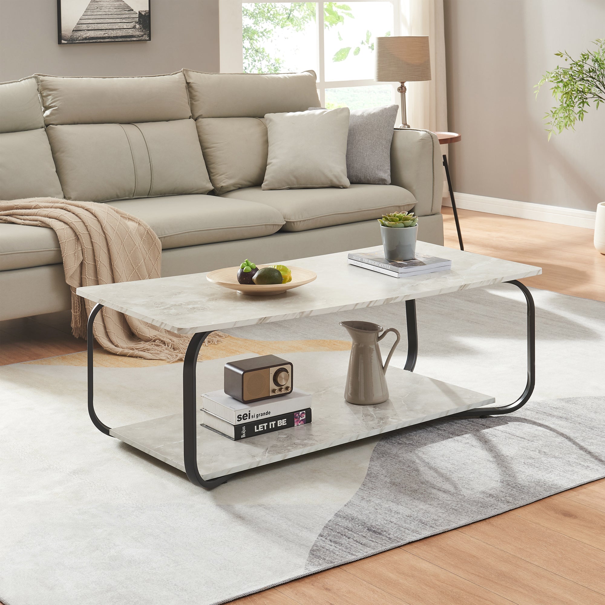 Tavolino Centrale da Salotto Kolta con Ripiano 120x60x43 cm - Effetto Marmo Bianco/Nero [en.casa]