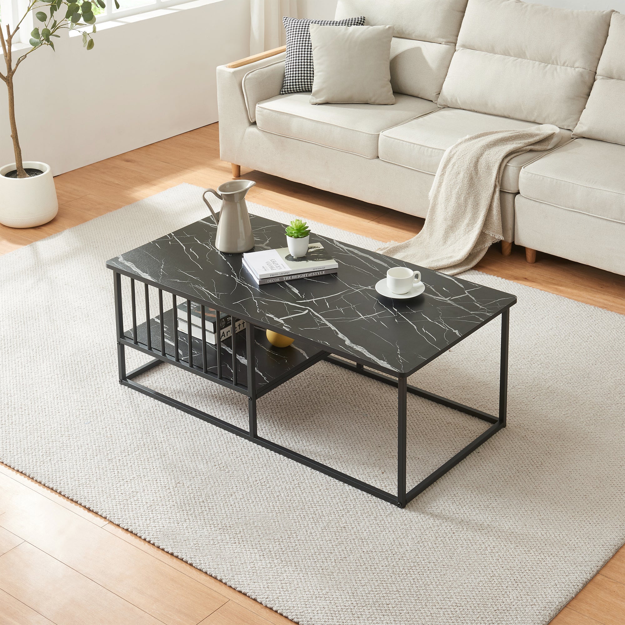 Tavolino Centrale da Salotto Raukurg con Ripiano 120 x 60 x 44 cm - Effetto Marmo Nero [en.casa]