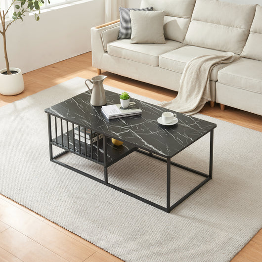 Tavolino Centrale da Salotto Raukurg con Ripiano 120 x 60 x 44 cm - Effetto Marmo Nero [en.casa]