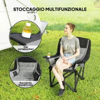 Sedia da Campeggio Pieghevole con 2 Portabicchieri e Tasche Laterali, 99x71x103 cm, Grigio e Nero
