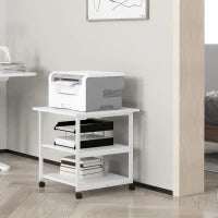 Carrello Porta Stampante a 3 Ripiani con 4 Ruote, Legno e Acciaio, 50x50x52.5cm, Bianco