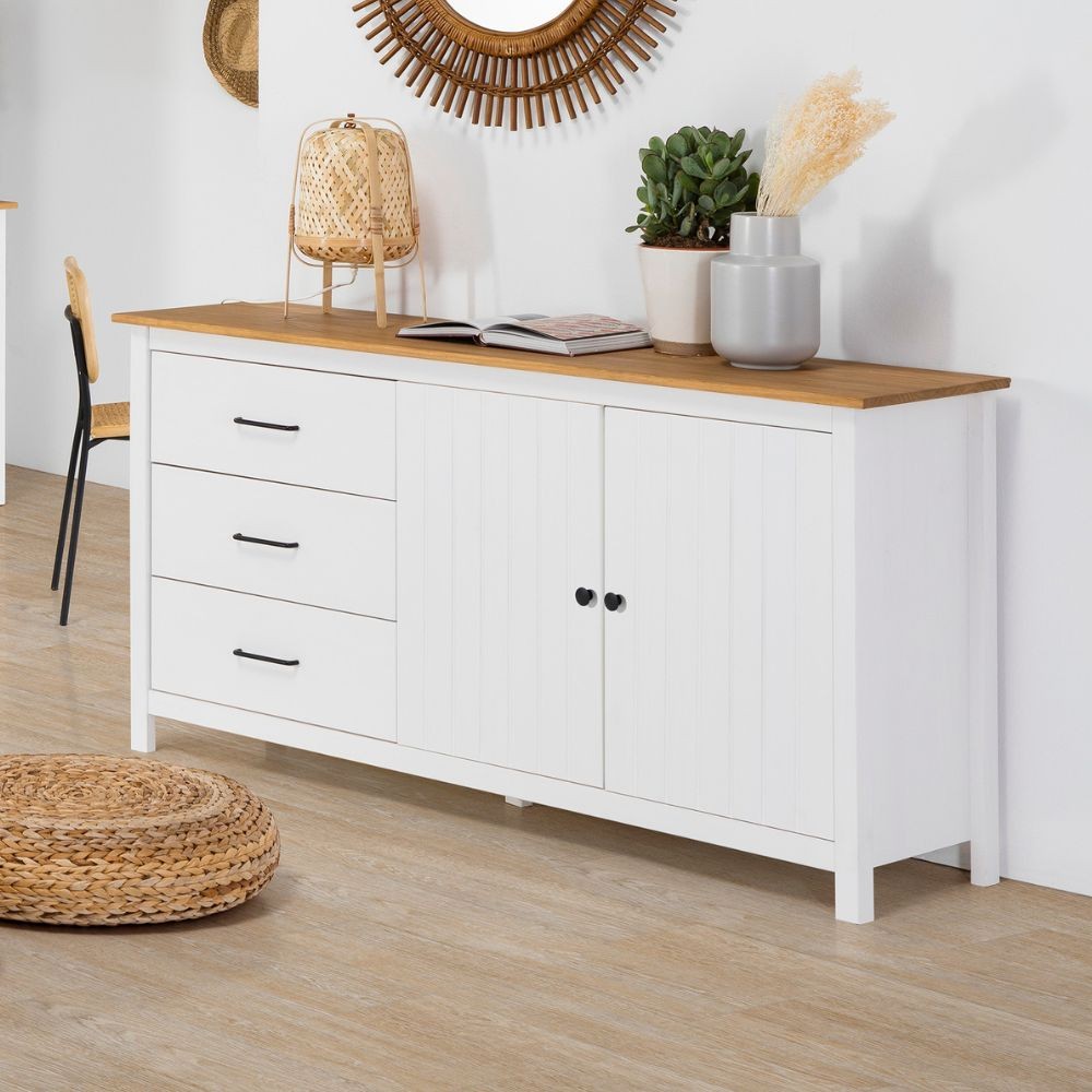 Credenza Miranda con 2 ante e 3 cassetti in legno massiccio bianco con top pino