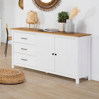 Credenza Miranda con 2 ante e 3 cassetti in legno massiccio bianco con top pino