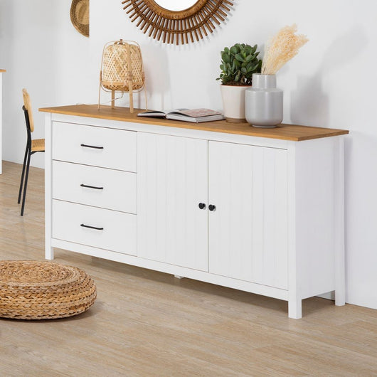 Credenza Miranda con 2 ante e 3 cassetti in legno massiccio bianco con top pino