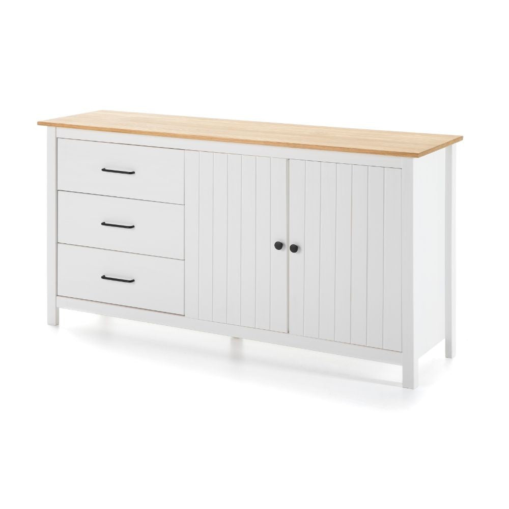Credenza Miranda con 2 ante e 3 cassetti in legno massiccio bianco con top pino