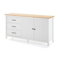 Credenza Miranda con 2 ante e 3 cassetti in legno massiccio bianco con top pino