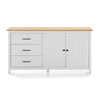 Credenza Miranda con 2 ante e 3 cassetti in legno massiccio bianco con top pino