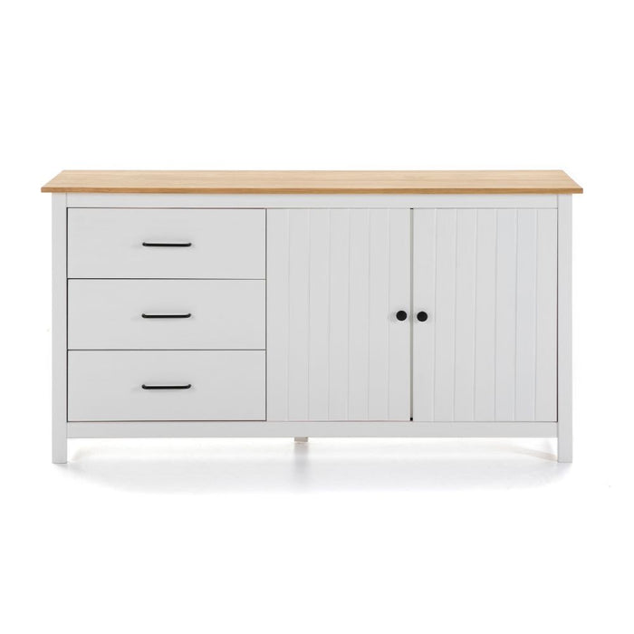Credenza Miranda con 2 ante e 3 cassetti in legno massiccio bianco con top pino