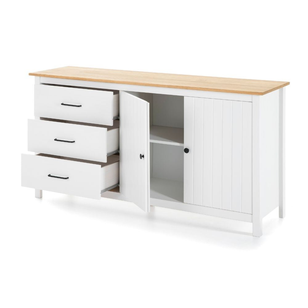 Credenza Miranda con 2 ante e 3 cassetti in legno massiccio bianco con top pino