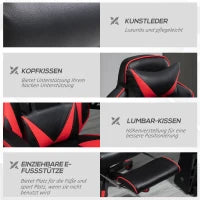 Sedia da Ufficio Ergonomica, Sedia da Gaming, Sedia Girevole con Poggiapiedi Retraibile e Schienale Regolabile in Schiuma, Pelle PU e Metallo, 65 x 70 x 118.5-128.5 cm, Nero e Rosso