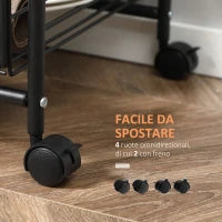 Carrello da Cucina Portavivande Stile Industriale con 4 Ruote, 2 Cestini e 4 Ganci, 60x38x85.5cm, Marrone Nero