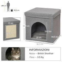 Casetta per Gatti Pieghevole a Cubo con Cuscino e Tappetino Tiragraffi, 36.5x36.5x36.5 cm, Grigio