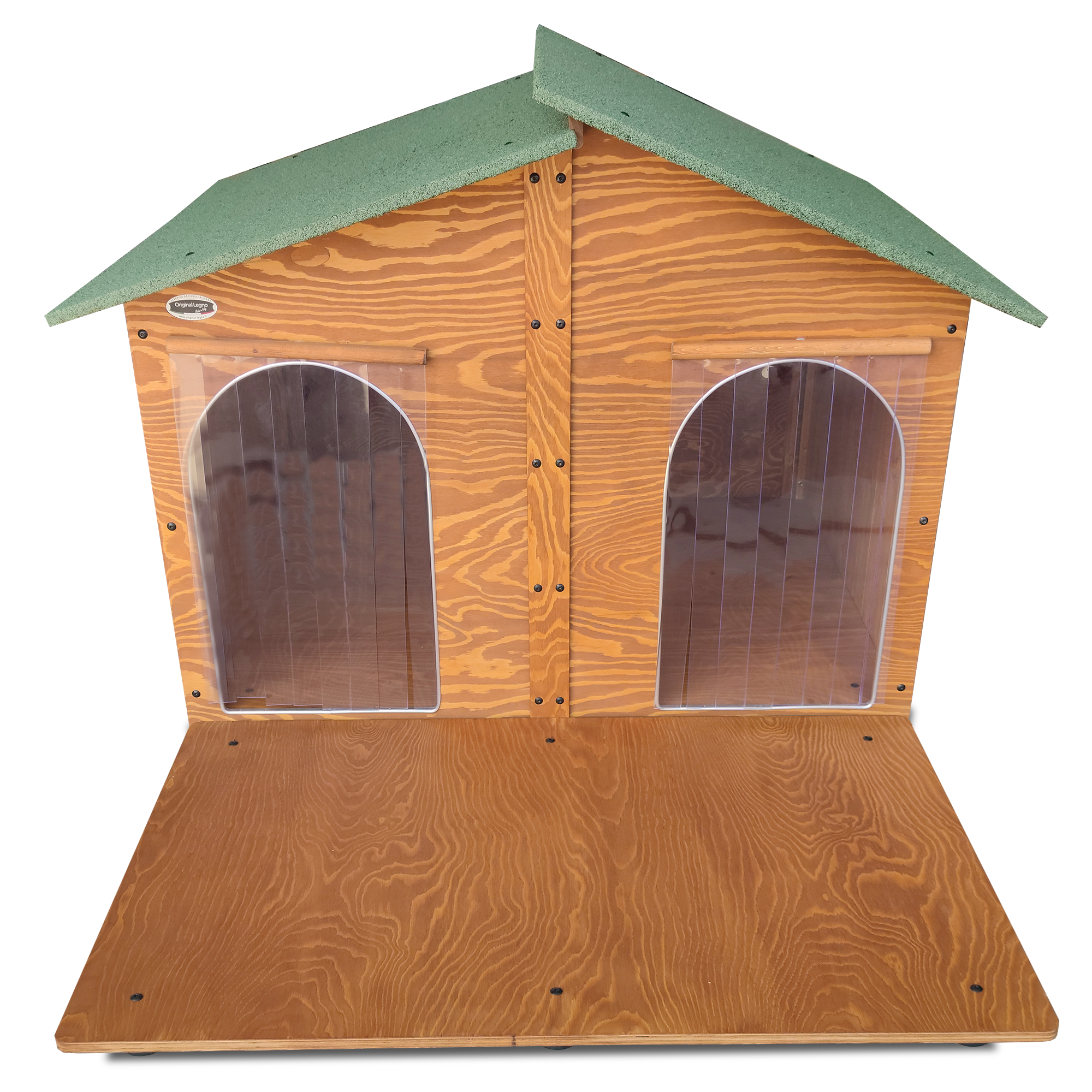 CUCCIA IN LEGNO DA ESTERNO MODELLO 4XL GIGANTE E DAVANZALE CON DUE INGRESSI CON SEPARÈ E "TENDINE OMAGGIO" L.150 x P.190 X H.115