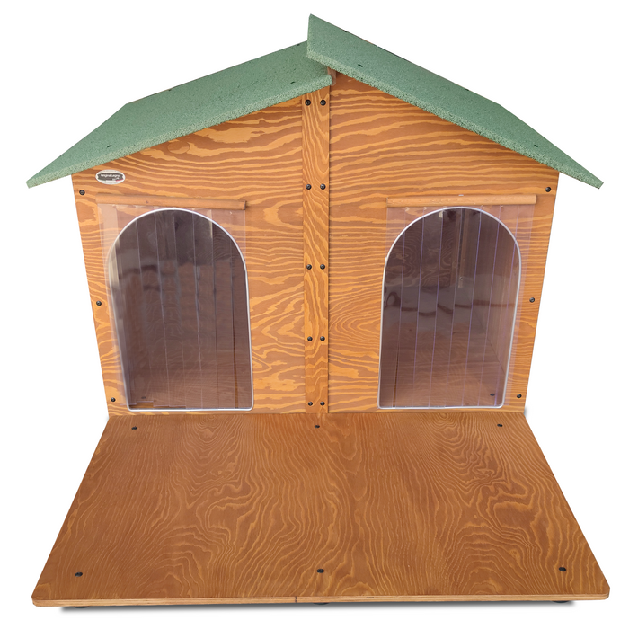 CUCCIA IN LEGNO DA ESTERNO MODELLO 4XL GIGANTE E DAVANZALE CON DUE INGRESSI CON SEPARÈ E "TENDINE OMAGGIO" L.150 x P.190 X H.115