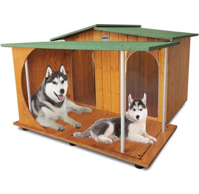 CUCCIA IN LEGNO PER CANI DA ESTERNO OASI CON DUE INGRESSI E VERANDA SENZA SEPARÈ CON 2 "TENDINE OMAGGIO" L.119 x P.153 x H.87