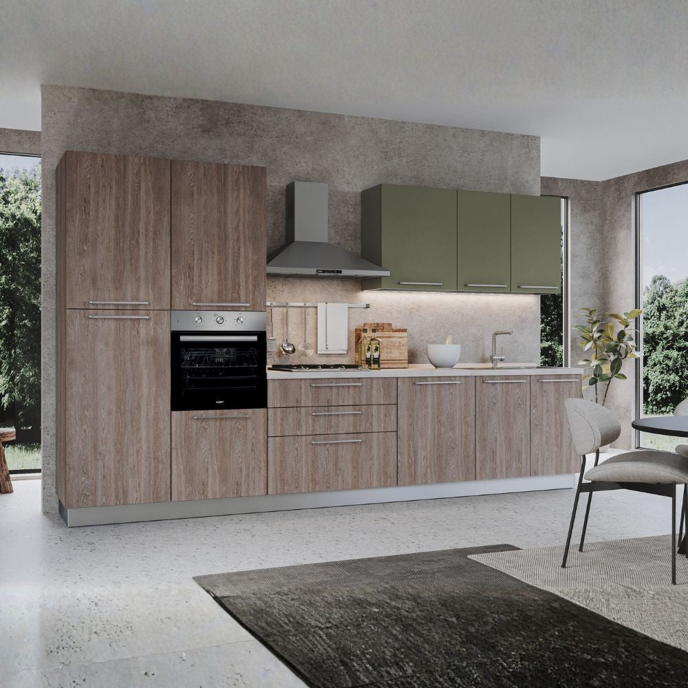 Cucina Iris 360 cm noce stelvio verde pesto con elettrodomestici reversibile