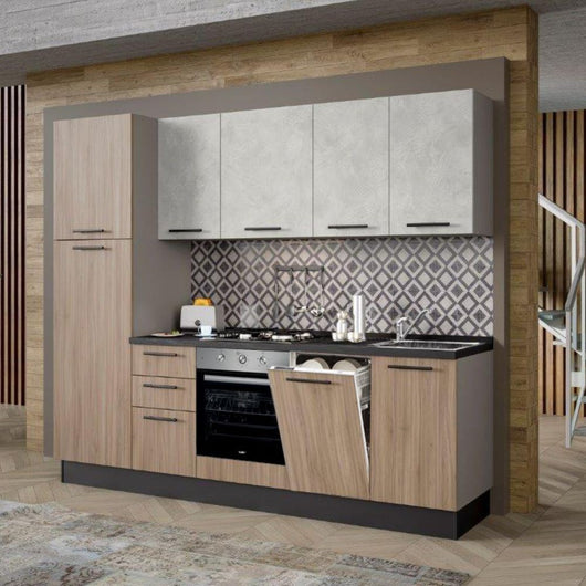 Cucina Licola 255x216H reversibile colore noce chiaro e pensili spatolato con lavastoviglie