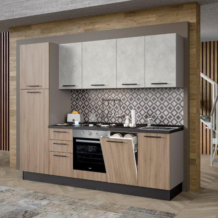 Cucina Licola 255x216H reversibile colore noce chiaro e pensili spatolato con lavastoviglie