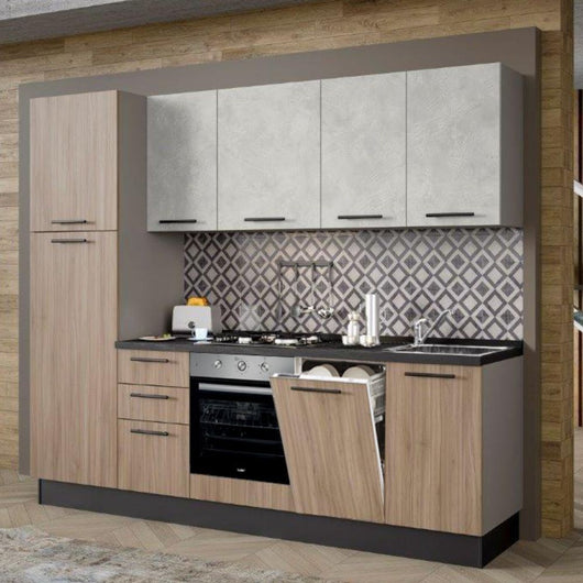 Cucina Licola 255x216H reversibile colore noce chiaro e pensili spatolato con lavastoviglie