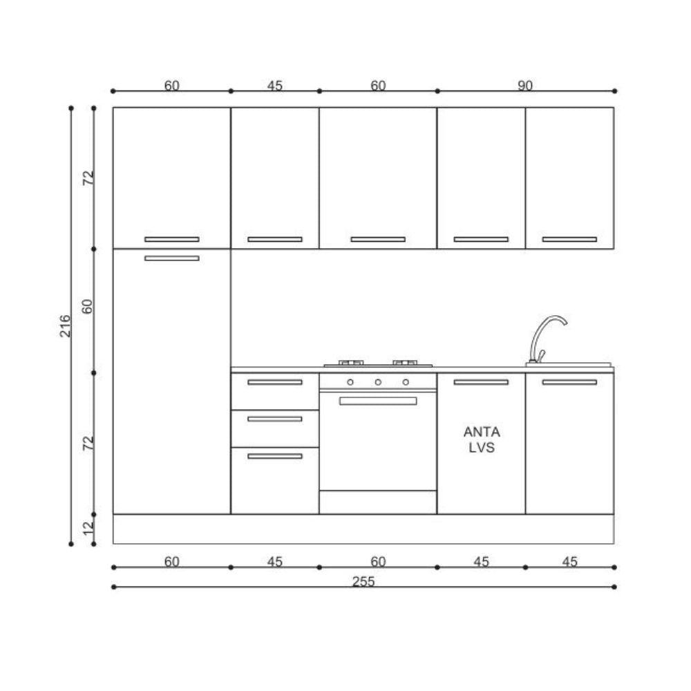 Cucina Licola 255x216H reversibile colore noce chiaro e pensili spatolato con lavastoviglie