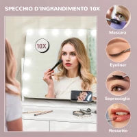 Specchio da Trucco con 14 Luci LED Regolabili e Ricarica USB, in Vetro e Metallo, 62.5x14x49.5 cm, Bianco