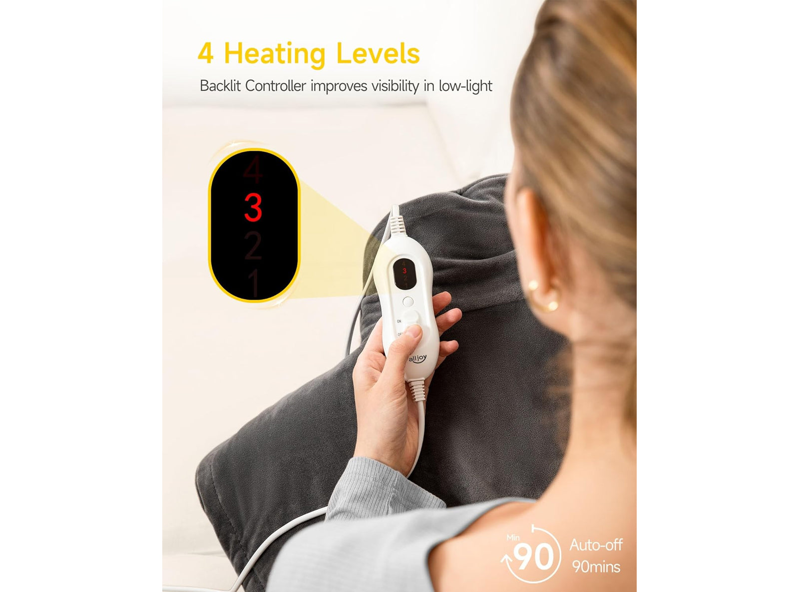 Cuscino Termico per Collo e Spalle con Controller 90 Minuti 4 Livelli di Riscaldamento Tecnologia di Riscaldamento Rapido Lavabile in Lavatrice 48x58 cm