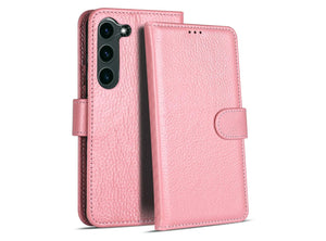 Custodia a Libro in Pelle Rosa per Samsung Galaxy S23 con Scomparti Interni e Stand