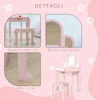 Tavolo per Trucco per Bambine 3-6 Anni con Sgabello, Cassetti e Specchio Coordinato in Acrilico, Rosa