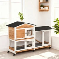 Conigliera a 2 Livelli con Rete Protettiva, in Legno, Metallo e Bitume, 157.4x53x99.5 cm, Giallo Bianco e Nero