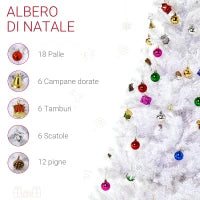 Albero di Natale Bianco 150cm con Addobbi e 680 Rami, Albero di Natale Innevato Artificiale in PVC