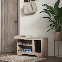 Panca Scarpiera Moderna con 3 Ripiani Aperti e Cassetti, in Legno, Poliestere e Spugna, 76.5x30x52 cm, Grigio