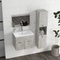 kleankin Set Mobili Bagno da 4 Pezzi con Lavabo da 60cm, Mobiletto, Colonna Bagno e Specchiera in Legno, Grigio