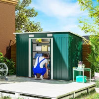 Capanno da Giardino con 2 Porte Scorrevoli e Tetto Inclinato in Lamiera d'Acciaio, 261x133x182cm, Verde