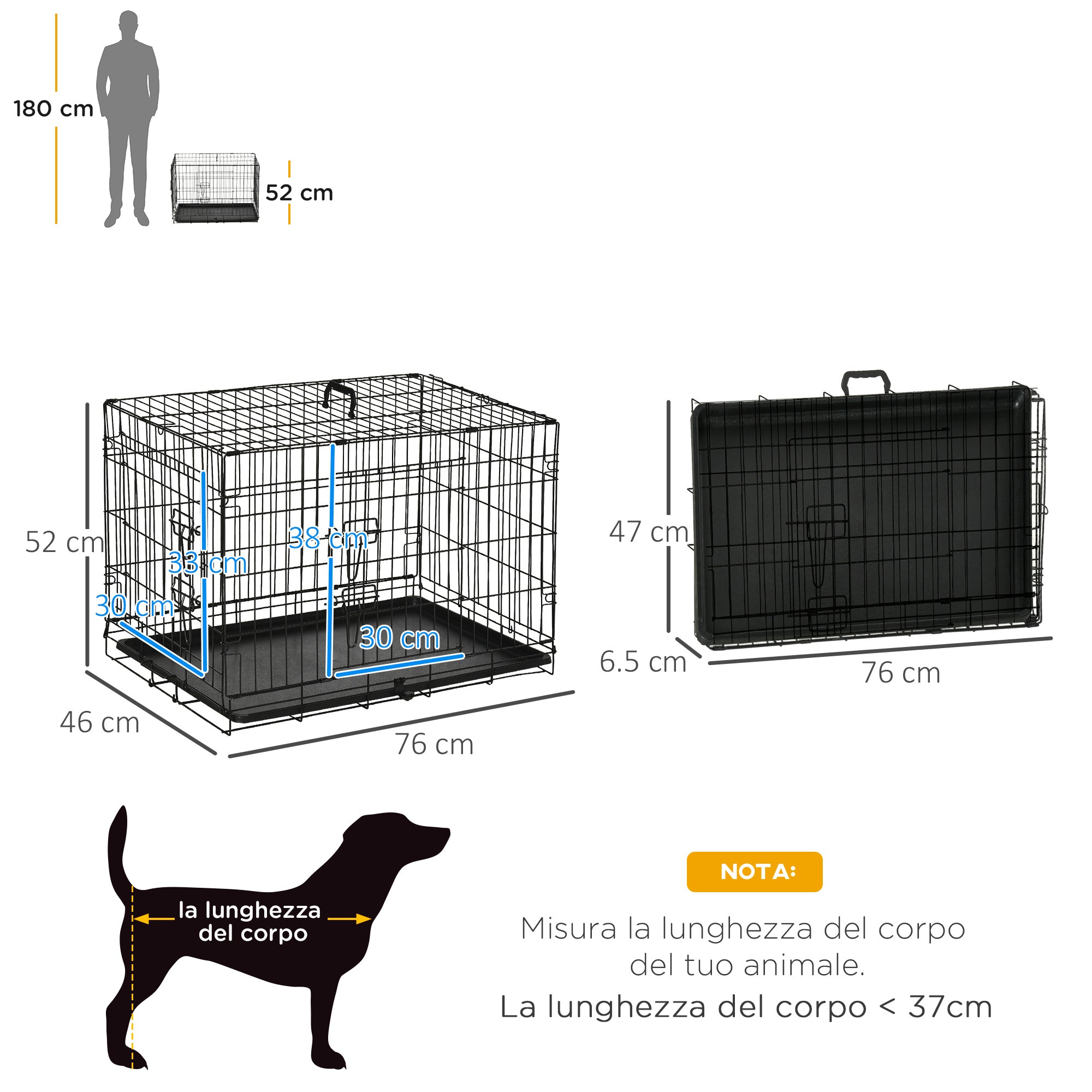 Easycomfort Gabbia per Animali Domestici Trasportino per Cani e Gatti Pieghevole in Acciaio Doppia Apertura, 76x46x52cm, Nero