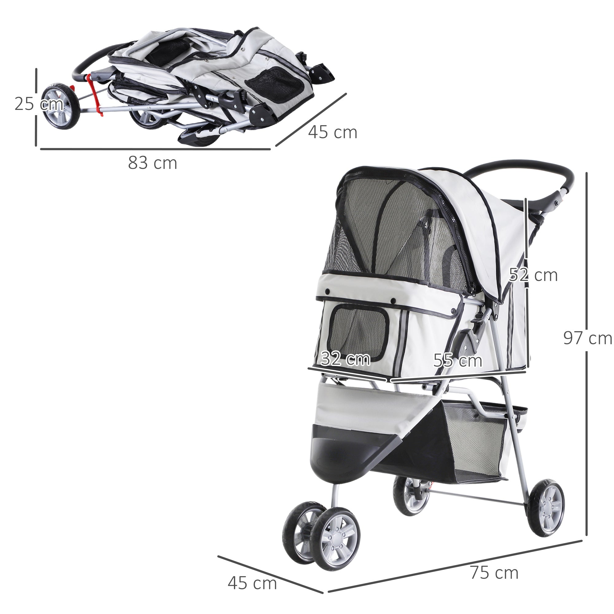 EasyComfort Passeggino per Cani Pieghevole Carrello per Animali Domestici Carrello Carrozzina Grigio 75 x 45 x 97cm