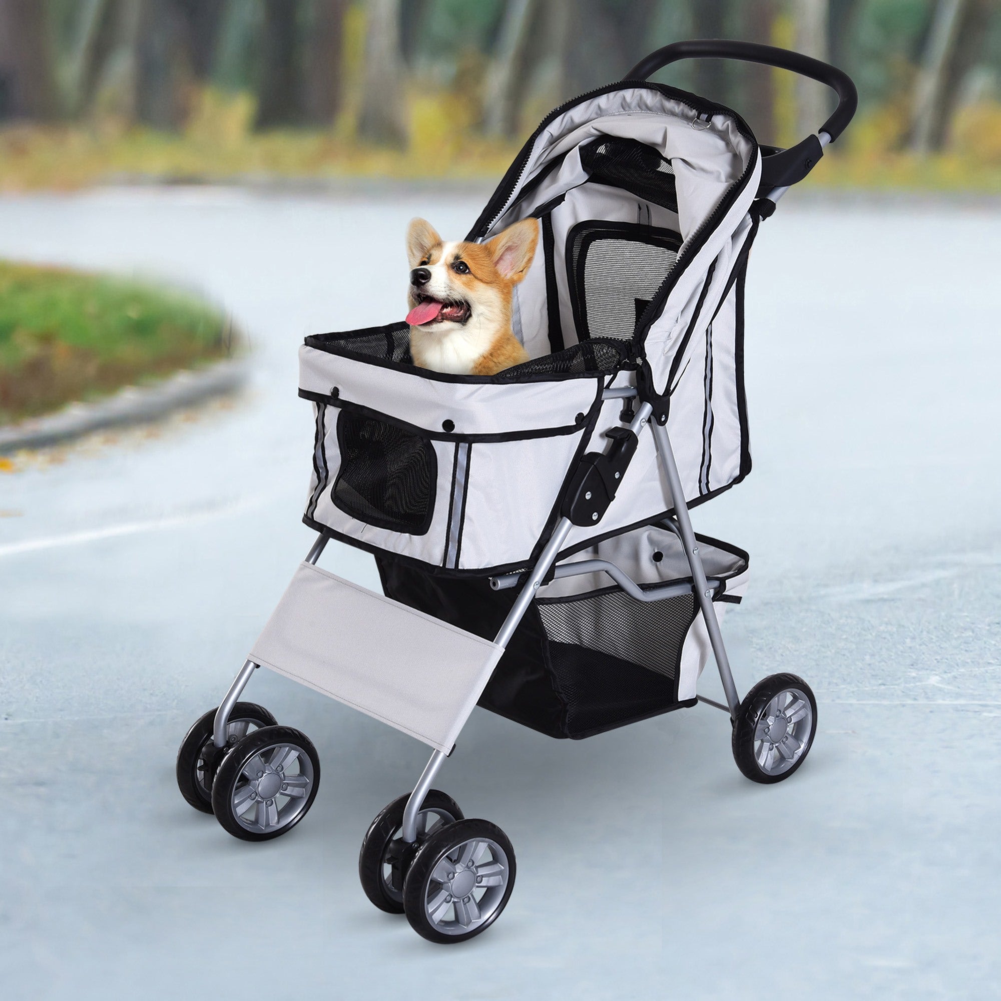 EasyComfort Passeggino per Cani Pieghevole in Tessuto con Cestino e Portabicchieri, 75x45x97cm - Grigio