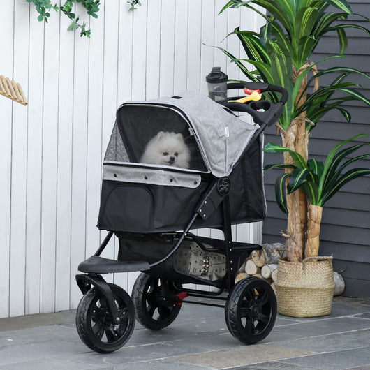 Easycomfort 2 in 1 Passeggino per Cani Pieghevole a 3 Ruote con Freno, Cestino Portaoggetti e Porta Bottiglia, in Acciaio e Oxford, Grigio e Nero, 109.5x57.5x106.5cm