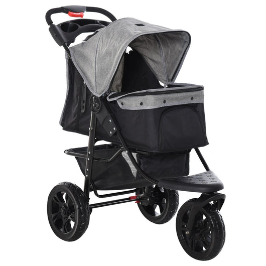 Easycomfort 2 in 1 Passeggino per Cani Pieghevole a 3 Ruote con Freno, Cestino Portaoggetti e Porta Bottiglia, in Acciaio e Oxford, Grigio e Nero, 109.5x57.5x106.5cm