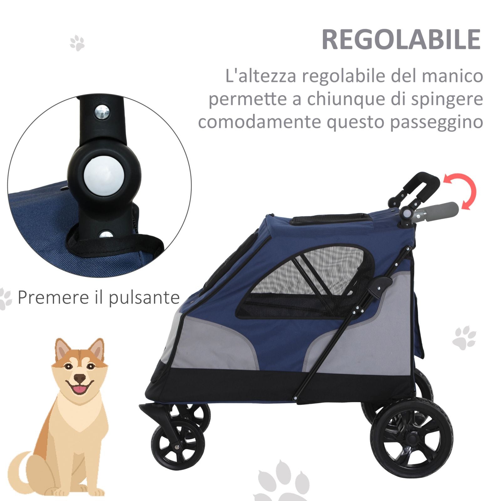 EASYCOMFORT Passeggino per Cani fino a 30kg Pieghevole con Manubrio Regolabile, Grigio e Blu