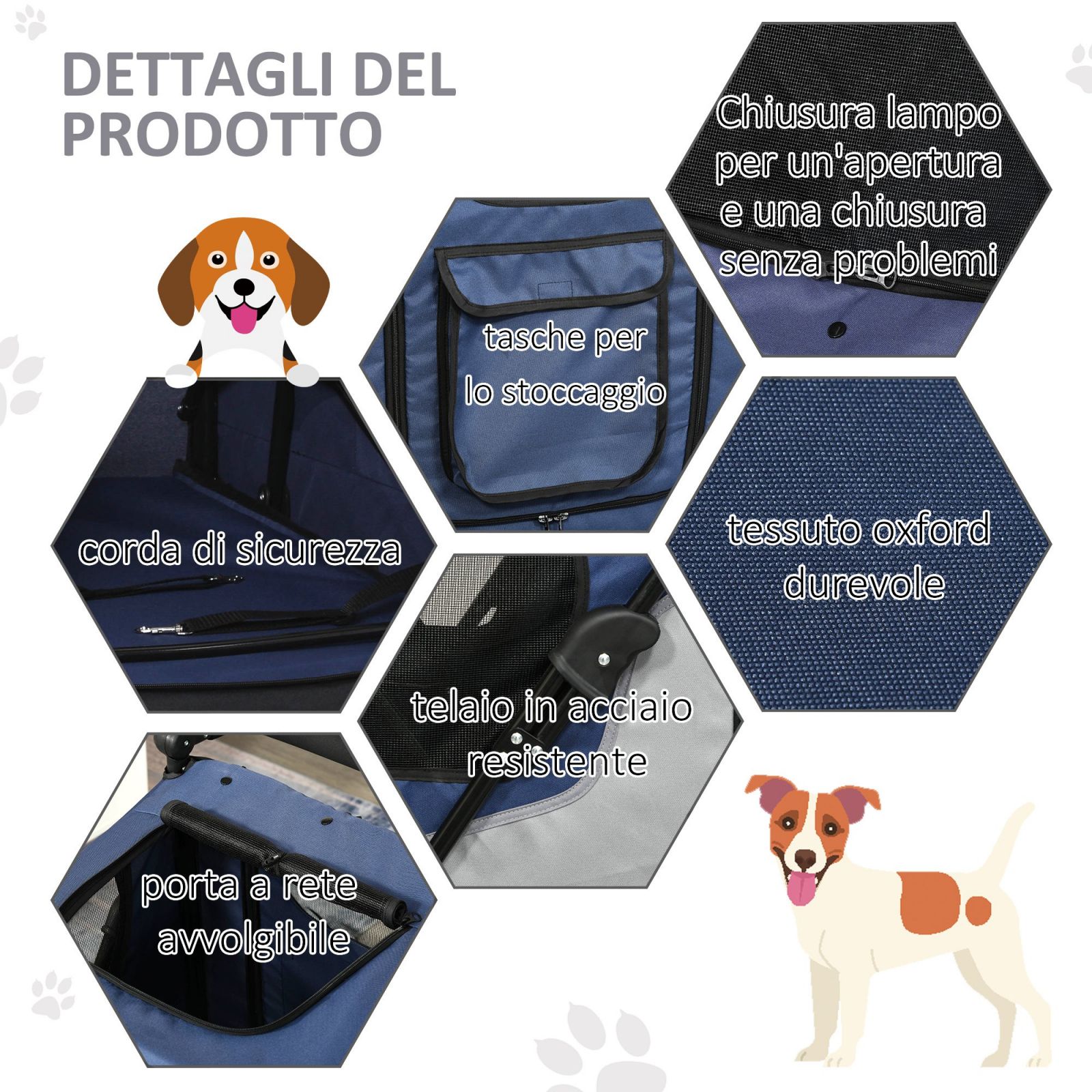 EASYCOMFORT Passeggino per Cani fino a 30kg Pieghevole con Manubrio Regolabile, Grigio e Blu