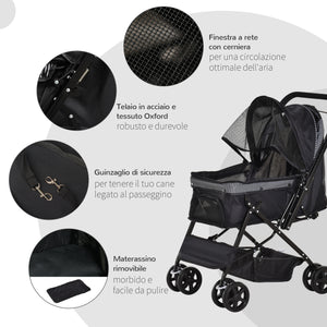 Easycomfort Passeggino per Cani Piccoli Pieghevole con Maniglione Girevole e Cestino Portaoggetti, Nero
