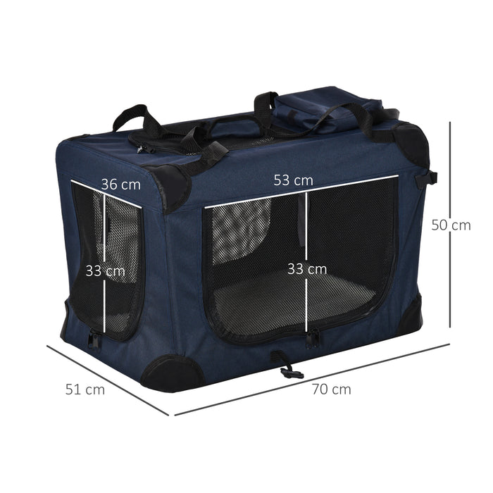 EasyComfort Borsa per Cani a 3 Ingressi con Cuscino e Sacche Portaoggetti, in Tessuto Oxford Blu e Metallo, 70x51x50 cm