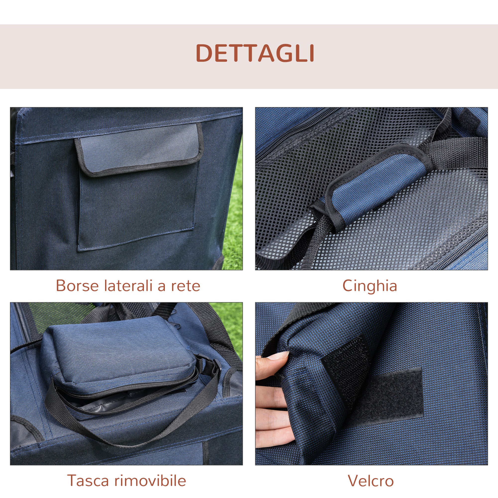 EasyComfort Borsa per Cani a 3 Ingressi con Cuscino e Sacche Portaoggetti, in Tessuto Oxford Blu e Metallo, 70x51x50 cm