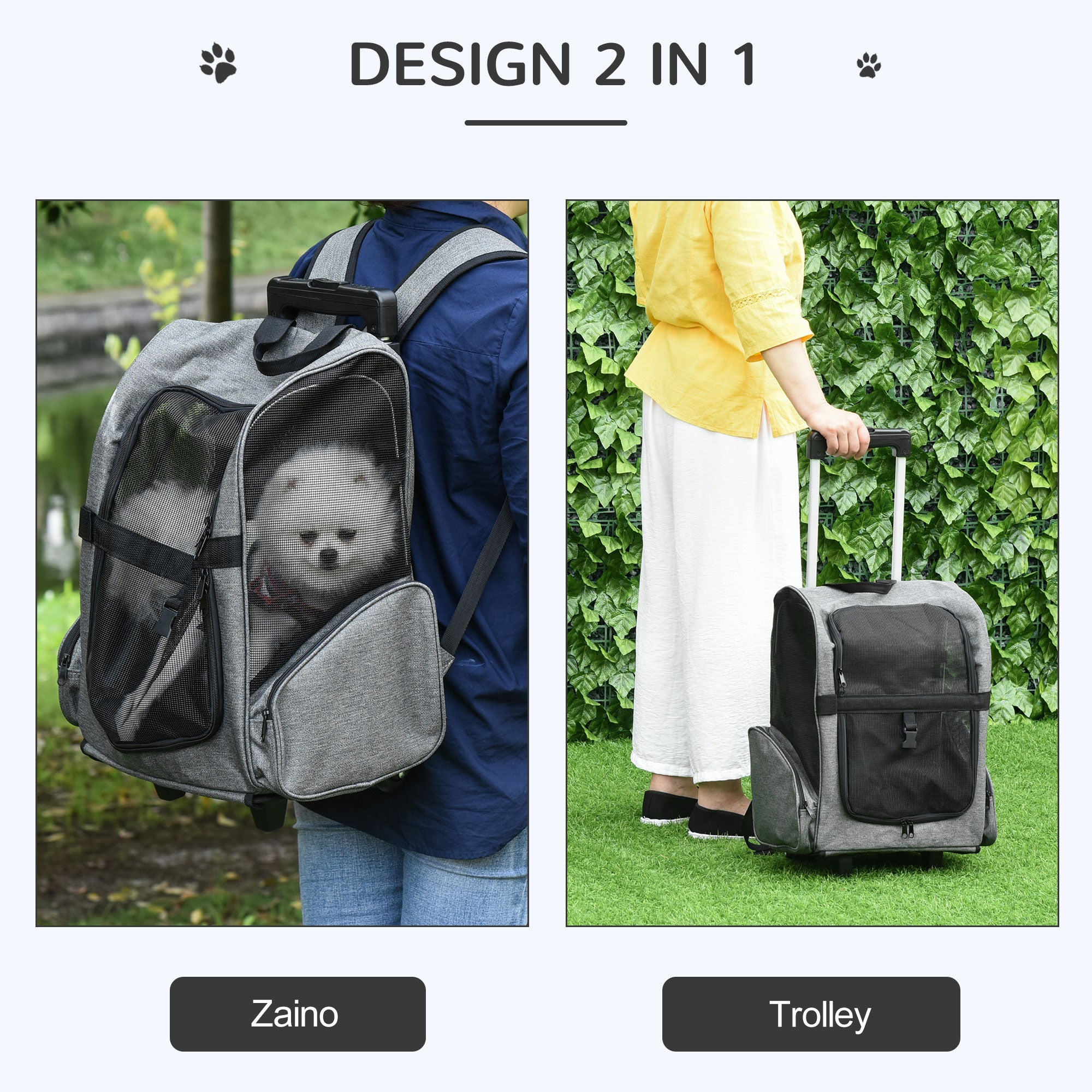 EasyComfort Trasportino Zaino 2 in 1 per Cani e Gatti con Tasche Laterali, Maniglia Telescopica e Ruote, 42x25x55cm, Grigio