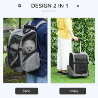 EasyComfort Trasportino Zaino 2 in 1 per Cani e Gatti con Tasche Laterali, Maniglia Telescopica e Ruote, 42x25x55cm, Grigio