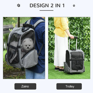 EasyComfort Trasportino Zaino 2 in 1 per Cani e Gatti con Tasche Laterali, Maniglia Telescopica e Ruote, 42x25x55cm, Grigio